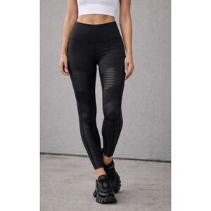 Alo Yoga Women's High-Waist Moto Leggings Black Mesh Panels Size XS Activewear